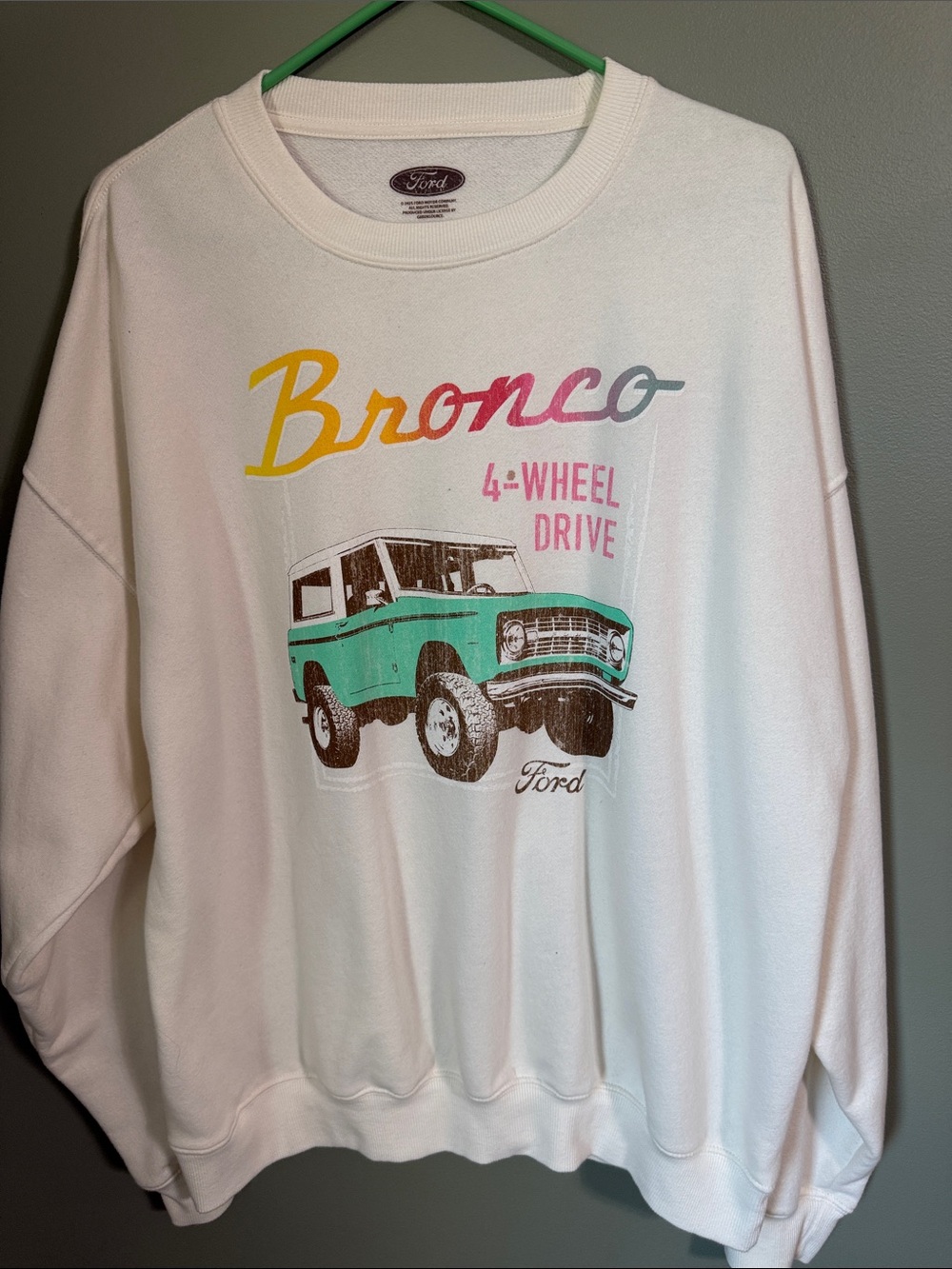 Ford White Sweatshirt with Teal Bronco Graphic and Multicolor Lettering